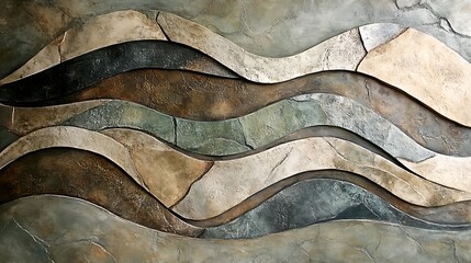 Hand-painted curved lines in soft tones integrating natural stones and plant veins 