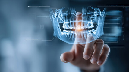 Dentist's hand reaching toward a glowing holographic human jaw x-ray projected on a digital screen. Concept of healthcare and medicine, innovation and medical dental technology.