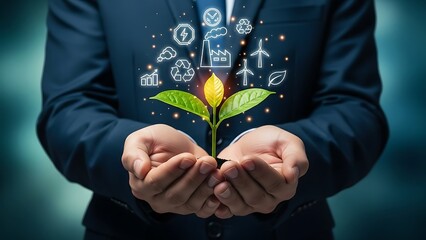 Hands cradling a seedling with digital technology icons representing growth and innovation