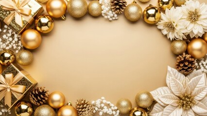 Elegant golden Christmas ornaments and gifts arranged in a festive border on a warm background