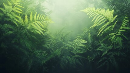 Lush green color gradients transitioning into organic fern patterns and misty effects 