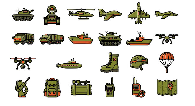 Army icons with planes boats tanks boots parachute backpack maps and communication tools