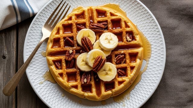 Delicious round waffle topped with fresh banana slices and crunchy pecans, drizzled with syrup
