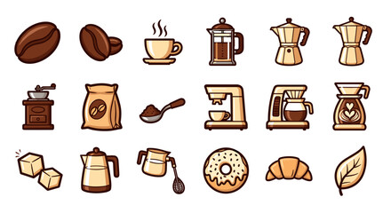 Coffee and Donut Icons Set with Various Brewing Methods and Accessories Illustrated