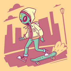 Alien Skater &mdash; Cartoon Character with LED Hoodie and Glitch Street Typography