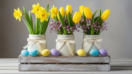 Easter spring floral arrangement with daffodils, tulips, and decorated eggs in mason jars