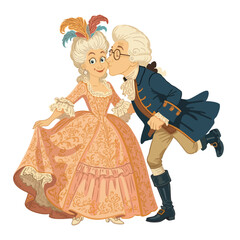 Couple in rococo style. Surprised funny young woman kissed on cheek by charming man. 18th-century French aristocracy. Vector isolaled illustration