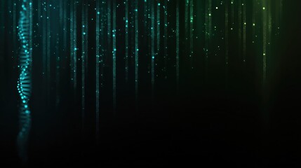 Artificial Intelligence innovation concept with glowing DNA data streams and digital particles on dark background