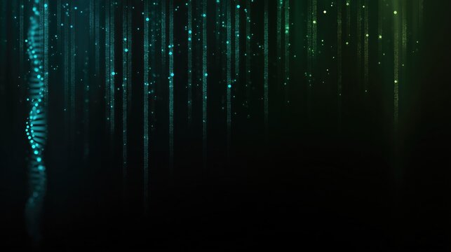 Artificial Intelligence innovation concept with glowing DNA data streams and digital particles on dark background - Powered by Adobe