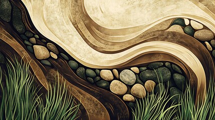 Muted brown lines resembling river flow with pebbles and grassy texture merging in