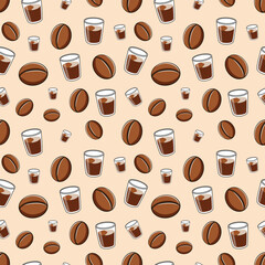 seamless pattern of coffee beans and coffee cups for the coffee shop background. decoration cafe, place to eat and culinary events. for a coffee themed greeting card. for coffee-themed fabric motifs