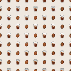 seamless pattern of coffee beans and coffee cups for the coffee shop background. decoration cafe, place to eat and culinary events. for a coffee themed greeting card. for coffee-themed fabric motifs