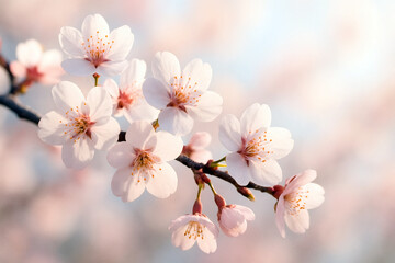 Naklejka premium Cherry Blossom Branch in Morning Light Close-Up