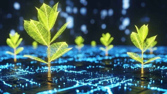 Digital plants growing on a circuit board, representing technology and nature's synergy