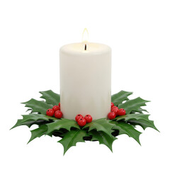 White pillar candle with holly and red berries
