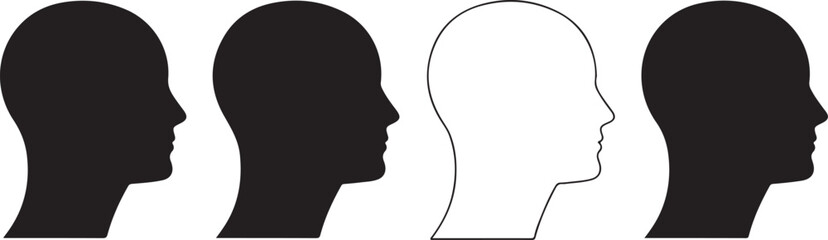 Human Head Profile Silhouettes in Black Solid Fill and White Outline Variations face