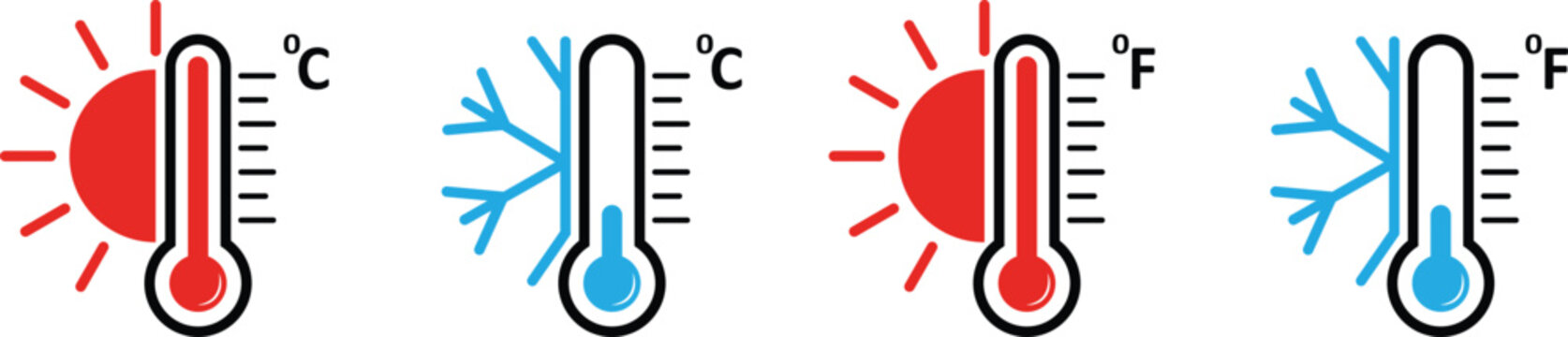 Thermometer vector icon set showing temperature levels. Weather forecast graphic with hot and cold indicators. Thermometer with temperature scale vector illustrator isolated on transparent background.