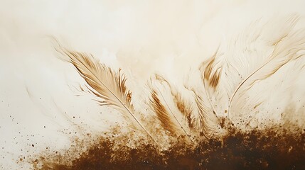 Natural-toned splashes melting into feather-like plant forms and soft soil texture 