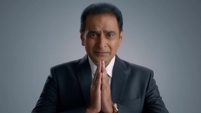 A professional man in a suit clasps his hands, gazing thoughtfully Stock Video