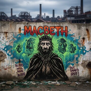 Dramatic Macbeth Graffiti: A Modern Illustration for Shakespearean Tragedy on a Factory Wall