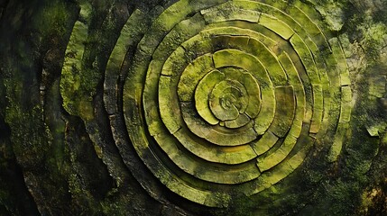 Olive green brush textures evolving into abstract tree rings and leaf clusters 