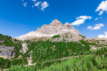 Scenic mountain iconic Tre Cime diLavaredo peaks in the italian dolomites, Aerial drone view