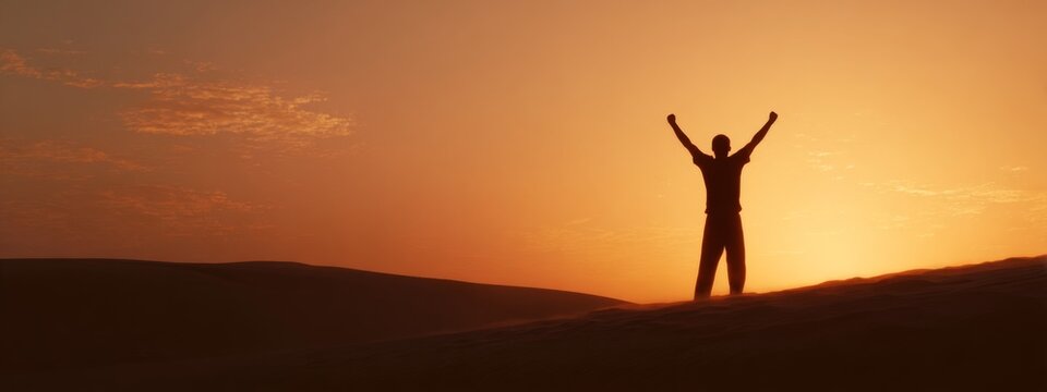 Young Man with Raised Arms Celebrating at Sunrise on a Desert Dune Under a Warm Orange Sky