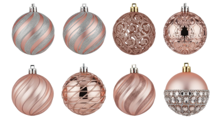 Collection of elegant rose gold and silver Christmas ornaments with glitter and intricate designs