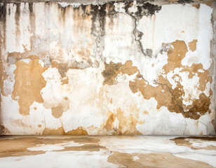 Old Plaster Wall with Water Damage and Stained Floor stains