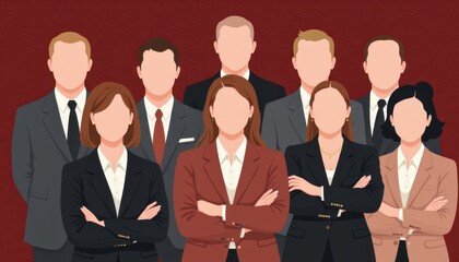 Diverse group of business professionals in formal attire against a solid background with faceless representations and confident postures
