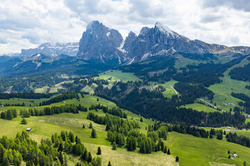 Aerial drone shot of Alpe di Siusi landscape Dolomites mountain, Italy South Tyrol