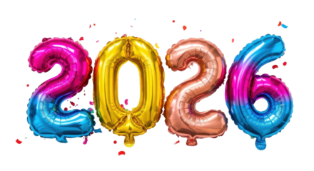 Colorful balloons spell out 2026 with confetti 