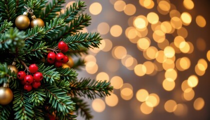 Festive Christmas Decorations with Green Pine Branches and Red Berries Against a Glittering Background of Warm Lights