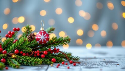 Festive Christmas Ornament on Pine Branch with Blurred Background and Twinkling Lights