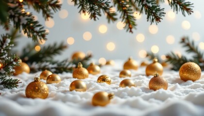 Golden Ornaments on Snowy Surface Surrounded by Pine Branches and Soft Bokeh Lights for Festive Holiday Atmosphere