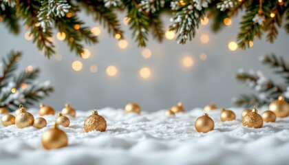 Elegant Gold Ornaments and Snowy Background with Pine Branches for Holiday Celebration and Winter Festivities
