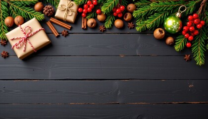 Festive Arrangement of Christmas Gifts with Pine Branches, Ornaments, and Spices on Dark Wooden Background