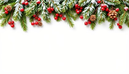 Holiday Evergreen Branches with Snow, Berries, and Pine Cones for Festive Winter Decoration