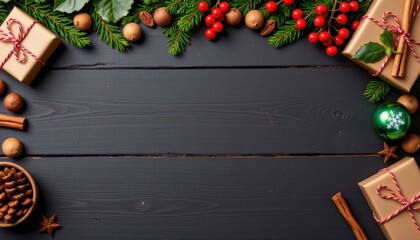 Festive Arrangement of Christmas Gifts and Seasonal Decorations on Rustic Wooden Surface