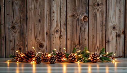 Festive Pine Cones and Twinkling Lights on Wooden Background for Holiday Decoration Inspiration