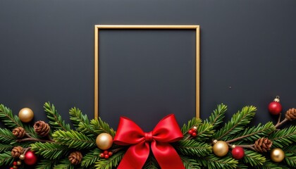 Elegant Christmas Frame with Red Ribbon and Festive Decorations on Dark Background