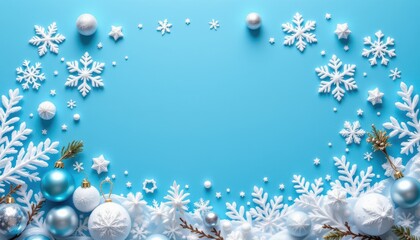 Festive Winter Wonderland Background with Blue Color, Snowflakes, and Ornaments for Holiday Celebrations