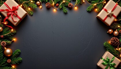 Festive Christmas Gift Arrangement with Pine Foliage and Twinkling Lights on Dark Background