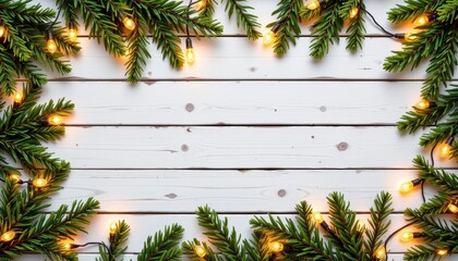 Lush Green Pine Branches with Warm Twinkling Lights on Rustic White Wooden Background