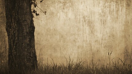 Sepia-toned minimalist backdrop with layered textures of bark and subtle grass detail 