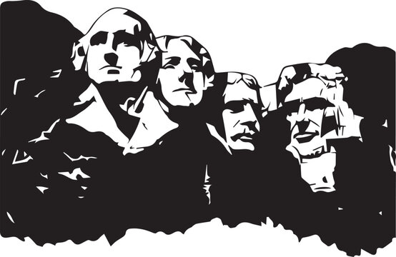 Stylized black and white silhouette of mount rushmore national memorial
