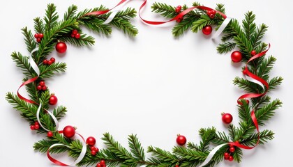 Elegant Green Christmas Wreath with Red Baubles and Ribbons on Bright Background for Holiday Decor