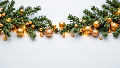 Elegant Christmas Decoration with Green Pine Branches and Golden Ornaments on White Background for Holiday Celebrations