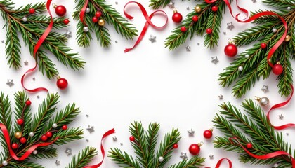 Festive Christmas Arrangement with Pine Branches, Red Ornaments, Ribbons, and Silver Stars on a White Background
