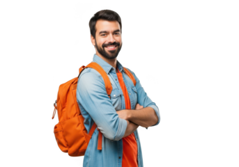 Smiling man with orange backpack isolated on transparent background
